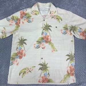 Tommy Bahama Hawaiian Shirt Mens Large White Silk Tropical Floral All Over Print